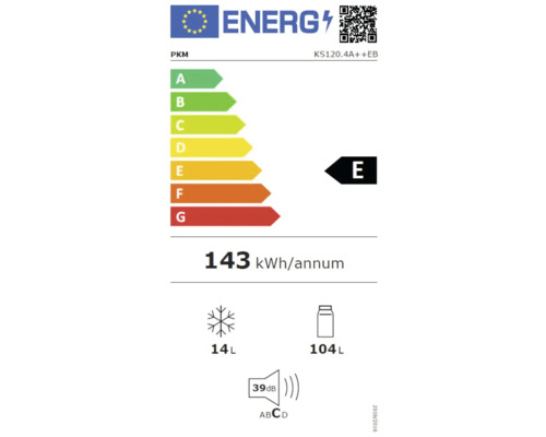 Energielabel PKM KS120.4A++EB met energie-efficiëntieklasse E, jaarlijks energieverbruik van 143 kilowattuur, vriesvak 14 liter en koelvak 104 liter, en een geluidsniveau van 39 decibel