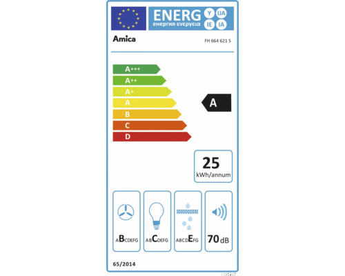 Amica energielabel met energie-efficiëntieklasse A, een jaarlijks energieverbruik van 25 kilowattuur en een geluidsniveau van 70 decibel