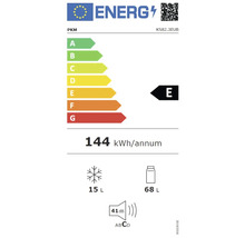 PKM energielabel met energie-efficiëntieklasse E, een jaarlijks energieverbruik van 144 kilowattuur, een vriesvakvolume van 15 liter, een koelvakvolume van 68 liter en een geluidsemissie van 41 decibel