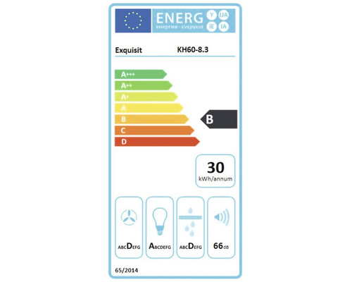 Energielabel voor Exquisit KH60-8.3 met energie-efficiëntieklasse B, jaarlijks energieverbruik van 30 kilowattuur en geluidsemissies van 66 decibel.
