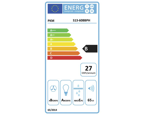 Energielabel PKM S13-60BBPH met energie-efficiëntieklasse B, jaarlijks energieverbruik van 27 kilowattuur en een geluidsniveau van 65 decibel