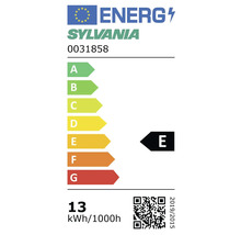 Energielabel van de Europese Unie klasse E, Sylvania Logo, 0031858, 13 kilowattuur per 1000 uur.