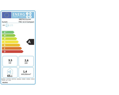 Energielabel voor Eurom PAC 12.3 Compact met energie-efficiëntieklasse A, 3,5 kilowatt, 2,6 EER en 65 decibel
