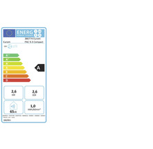 Energielabel voor Eurom PAC 9.3 Compact airconditioner met energie-efficiëntieklasse A, 2,6 kilowatt koelvermogen, 2,6 EER en 65 decibel geluidsniveau