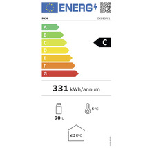 Energielabel PKM GKS83FC1 met energie-efficiëntieklasse C, jaarlijks energieverbruik van 331 kilowattuur, 90 liter volume en een maximale omgevingstemperatuur van 25 graden.