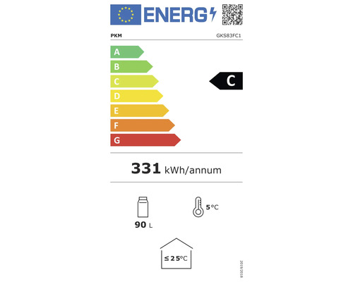 Energielabel PKM GKS83FC1 met energie-efficiëntieklasse C, jaarlijks energieverbruik van 331 kilowattuur, 90 liter volume en een maximale omgevingstemperatuur van 25 graden.