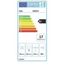 EU-energielabel voor afzuigkap PKM 8060GH, energieklasse A plus, 17 kilowattuur per jaar, 64 decibel.