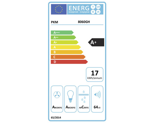 EU-energielabel voor afzuigkap PKM 8060GH, energieklasse A plus, 17 kilowattuur per jaar, 64 decibel.
