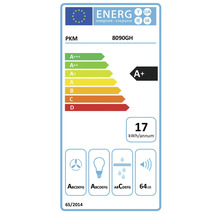 EU-energielabel voor PKM 8090GH, energie-efficiëntieklasse A plus, 17 kilowattuur per jaar, 64 decibel.