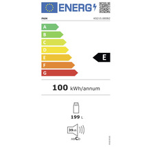 PKM Logo. EU-energielabel voor koelkast KS215.0EEB2. Energie-efficiëntieklasse E, 100 kilowattuur per jaar, 199 liter volume, 39 decibel.