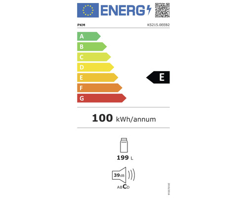 PKM Logo. EU-energielabel voor koelkast KS215.0EEB2. Energie-efficiëntieklasse E, 100 kilowattuur per jaar, 199 liter volume, 39 decibel.