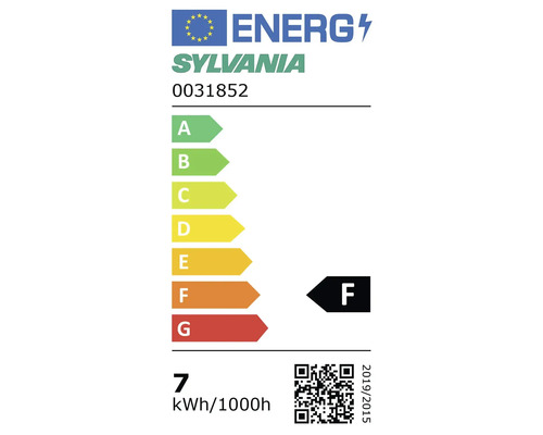Sylvania energielabel voor model 0031852, energie-efficiëntieklasse F op schaal A tot G, verbruik 7 kilowattuur per 1000 uur.