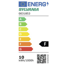 Energielabel voor Sylvania 0031853, energie-efficiëntieklasse F op een schaal van A tot G, verbruik 10 kilowattuur per 1000 uur.