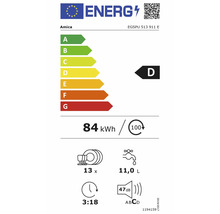 EU-energielabel Amica vaatwasser EGSPU 513 911 E, klasse D, 84 kilowattuur per 100 cycli, 13 couverts, 11,0 liter, 47 decibel.