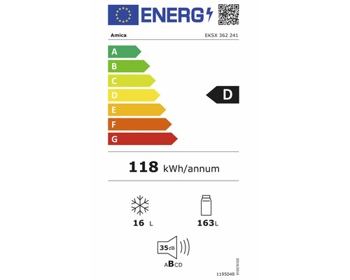 EU-energielabel voor Amica EKSX 362 241, klasse D, 118 kilowattuur per jaar, 16 liter vriesvak, 163 liter koelvak, 35 decibel.