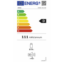 EU-energielabel voor Amica EVKSX 352 250, energie-efficiëntieklasse D, 111 kilowattuur per jaar, 173 liter volume, 39 decibel, geluidsklasse C.
