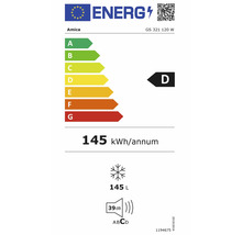 EU-energielabel voor Amica GS 321 120 W, energie-efficiëntieklasse D, 145 kilowattuur per jaar, 145 liter vriescapaciteit, 39 decibel.