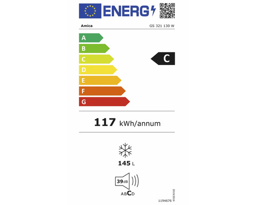 EU energielabel voor Amica GS 321 130 W, energieklasse C, 117 kilowattuur per jaar, 145 liter vriesinhoud, 39 decibel.