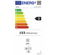 Europees energielabel voor Amica GS 324 180 W, klasse D, 153 kilowattuur per jaar, 177 liter vriesruimte, 39 decibel, geluidsemissieklasse C.