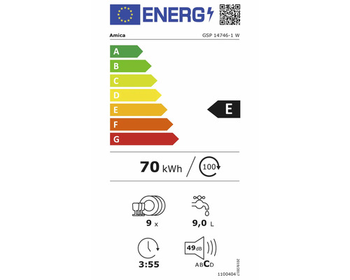 EU energielabel voor vaatwasser Amica GSP 14746-1 W, energie-efficiëntieklasse E, 70 kilowattuur per 100 cycli, 9 couverts, 9 liter water per cyclus.