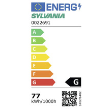 EU-energielabel voor Sylvania 0022691, energie-efficiëntieklasse G, energieverbruik 77 kilowattuur per 1000 uur.