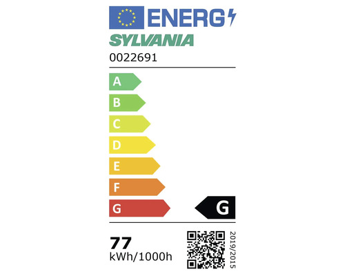 EU-energielabel voor Sylvania 0022691, energie-efficiëntieklasse G, energieverbruik 77 kilowattuur per 1000 uur.