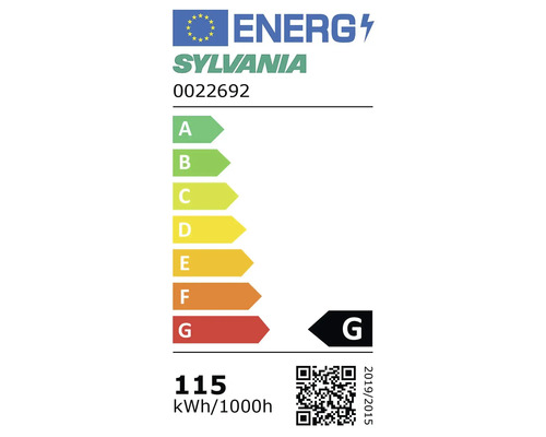 Europees energielabel voor Sylvania producten, energie-efficiëntieklasse G, energieverbruik 115 kilowattuur per 1000 uur.