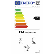 EU-energielabel Amica KGCN 388 140 W: klasse D, 174 kilowattuur per jaar, 180 liter koelen, 70 liter vriezen, 39 decibel.