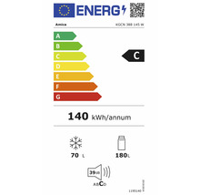 EU-energielabel voor Amica KGCN 388 145 W, klasse C, 140 kilowattuur per jaar, 70 liter vriesvolume, 180 liter koelvolume, 39 decibel.