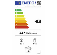 EU-energielabel voor Amica model FM133.3AA. Energie-efficiëntieklasse E, 137 kWh per jaar, 13 liter vriesvak, 95 liter koelvak, 37 decibel.