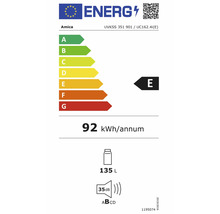 EU-energielabel voor Amica, energie-efficiëntieklasse E, verbruik 92 kilowattuur per jaar, inhoud 135 liter, geluidsemissie 35 decibel.