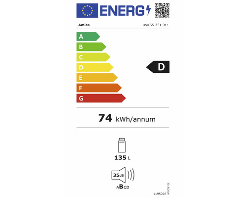 EU-energielabel Amica UVKSS 351 911: klasse D, 74 kilowattuur per jaar, 135 liter volume, 35 decibel, geluidsemissieklasse B.