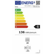 EU-energielabel voor Amica wijnkoelkast, energie-efficiëntieklasse G, 136 kilowattuur per jaar, capaciteit 20 flessen, geluidsniveau 40 decibel.