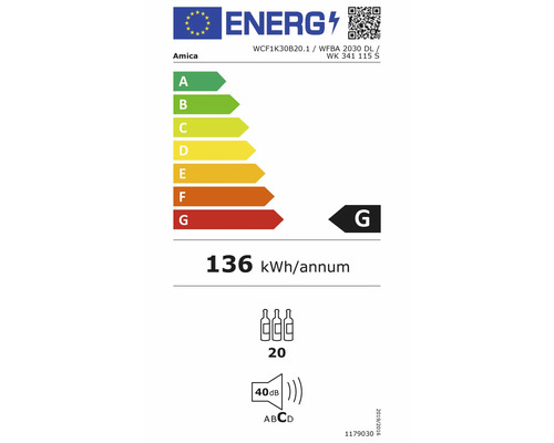 EU-energielabel voor Amica wijnkoelkast, energie-efficiëntieklasse G, 136 kilowattuur per jaar, capaciteit 20 flessen, geluidsniveau 40 decibel.