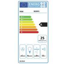 Europees energielabel PKM 9039Y1: klasse A, 25 kilowattuur per jaar, fluiddynamiek B, verlichting A, vetfiltering D, 52 decibel.
