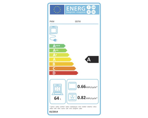EU-energielabel voor PKM oven EB7IX, energie-efficiëntieklasse A, inhoud ovenruimte 64 liter, energieverbruik 0,66 tot 0,82 kilowattuur per cyclus.