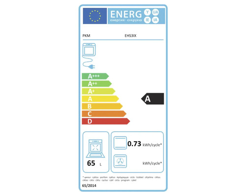 Europees energielabel voor oven PKM EHS3IX, energie-efficiëntieklasse A, energieverbruik 0,73 kilowattuur per cyclus, volume 65 liter.