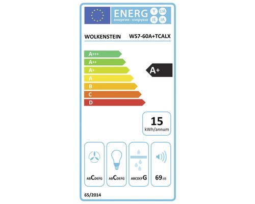 Energielabel voor Wolkenstein WS7-60A+TCALX, energie-efficiëntieklasse A plus, 15 kilowattuur per jaar, 69 decibel.