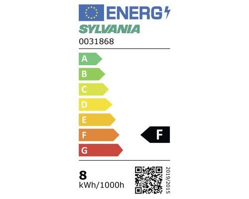 EU Energielabel Sylvania 0031868 energie-efficiëntieklasse F 8 kilowattuur per 1000 uur