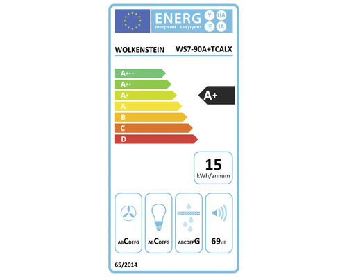 EU-energielabel voor Wolkenstein WS7-90A plus TCALX, energie-efficiëntieklasse A plus, 15 kilowattuur per jaar, geluidsniveau 69 decibel.
