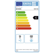 Europees energielabel voor Air-Circle NW100, energie-efficiëntieklasse C, 56 decibel en 202 kubieke meter per uur.