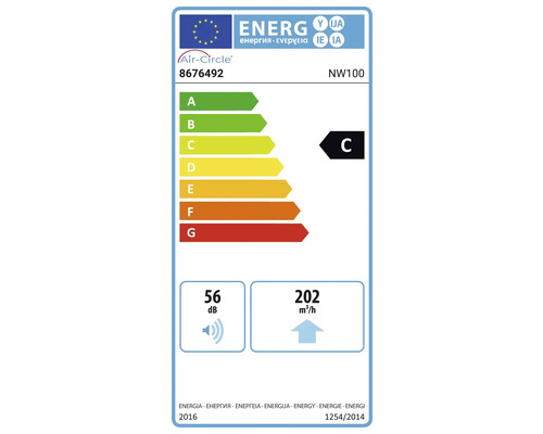 Europees energielabel voor Air-Circle NW100, energie-efficiëntieklasse C, 56 decibel en 202 kubieke meter per uur.