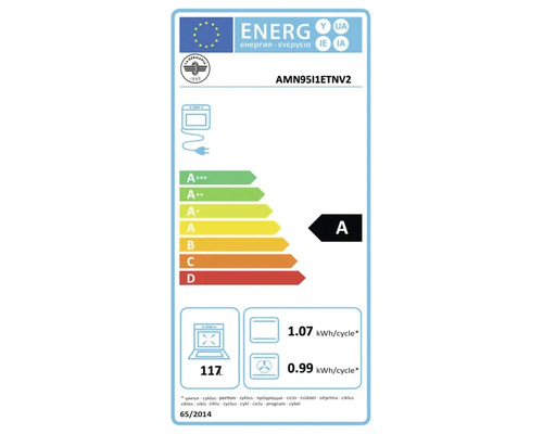 Europees energielabel voor La Germania oven AMN95I1ETNV2, energie-efficiëntieklasse A, inhoud 117 liter.