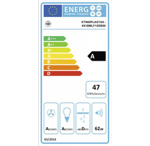 Europees energielabel: energieklasse A, 47 kilowattuur per jaar, ventilatorefficiëntie A, lichtefficiëntie A, vetfilterefficiëntie D, 62 decibel.