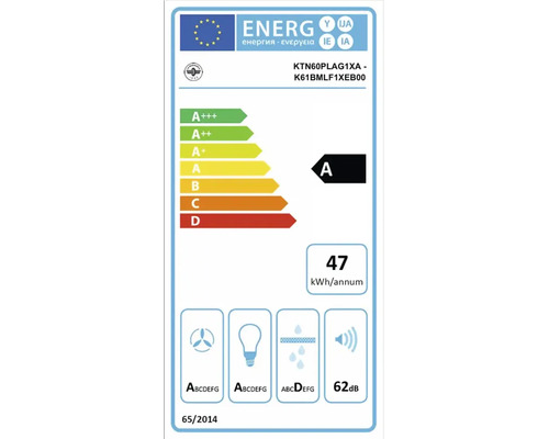 Europees energielabel: energieklasse A, 47 kilowattuur per jaar, ventilatorefficiëntie A, lichtefficiëntie A, vetfilterefficiëntie D, 62 decibel.
