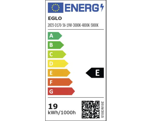 Energielabel voor EGLO 2835-D170-56-19W-3000K-4000K-5000K, energie-efficiëntieklasse E, energieverbruik 19 kilowattuur per 1000 uur.
