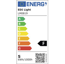 Europees energielabel voor EDI Light LM0819, energie-efficiëntieklasse F, 5 kilowattuur per 1000 uur.