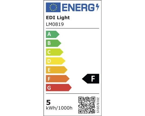 Europees energielabel voor EDI Light LM0819, energie-efficiëntieklasse F, 5 kilowattuur per 1000 uur.