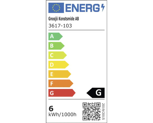 Europees energielabel van Gnosjö Konstsmide AB voor model 3617-103, energie-efficiëntieklasse G, 6 kilowattuur per 1000 uur.