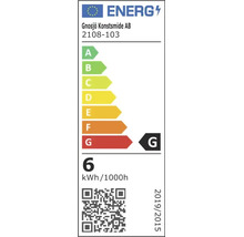 EU-energielabel voor Gnosjö Konstsmide AB 2108-103, energie-efficiëntieklasse G, energieverbruik 6 kilowattuur per 1000 uur.